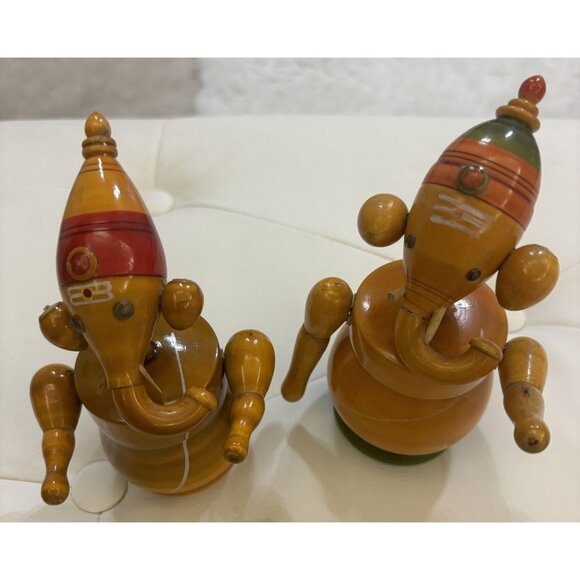 Wooden Indian Elephant Ganesha Set Of 2 Handcrafted Wooden Ganapathi - Picture 1 of 14